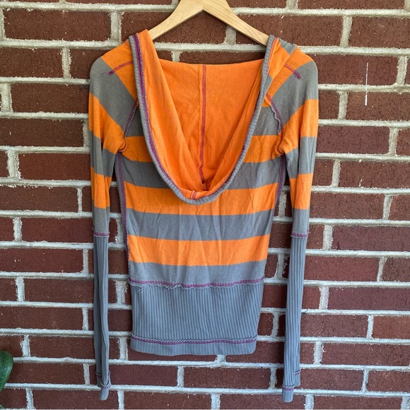 Free People Orange & Grey Striped Long sleeve w/ Oversized Hood Size XS - Picture 10 of 14